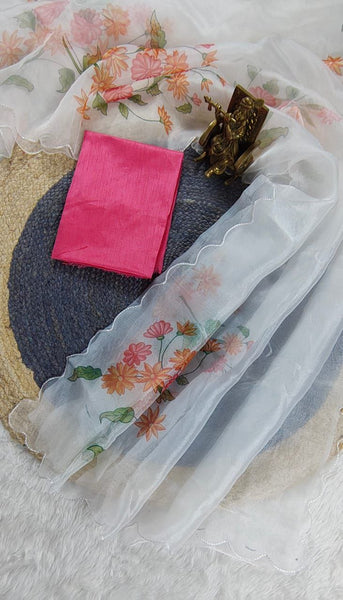 White Color Organza Silk Printed Saree Blouse