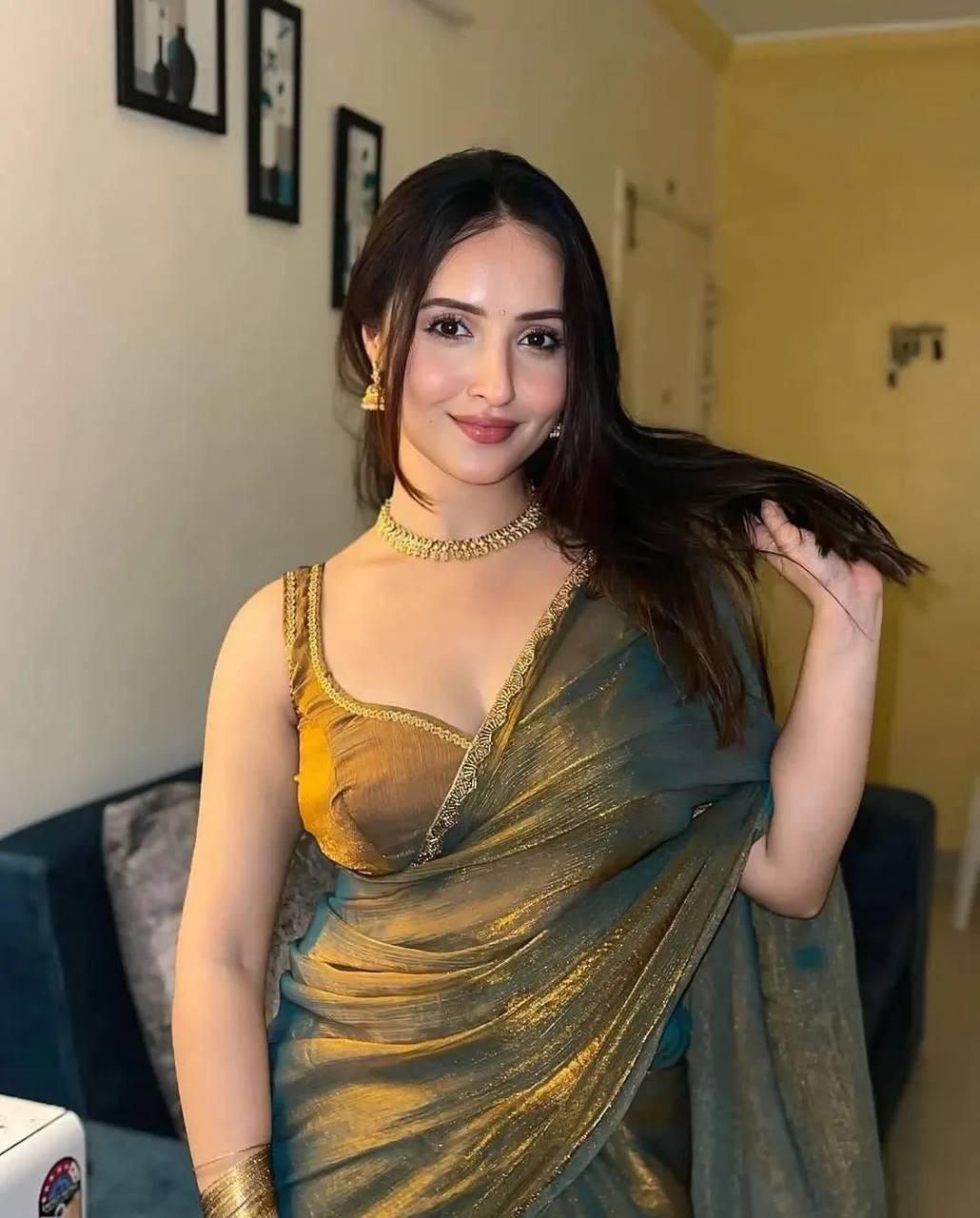 Latest Chiffon Shimmer Cut Dana Hand Work Saree Blouse