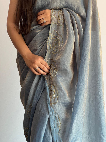 Party Wear Space Silk Cut Work Saree Blouse