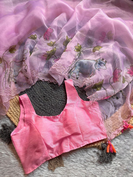 Organza Khatli Work Printed Saree Blouse