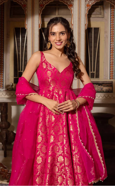 Rani Cclor Jacquard Anarkali Gown Dupatta Bottom Set