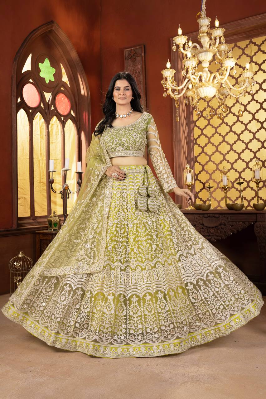 Green Color Net Sequence Lehenga Choli