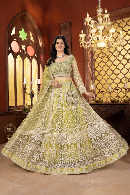 Green Color Net Sequence Lehenga Choli