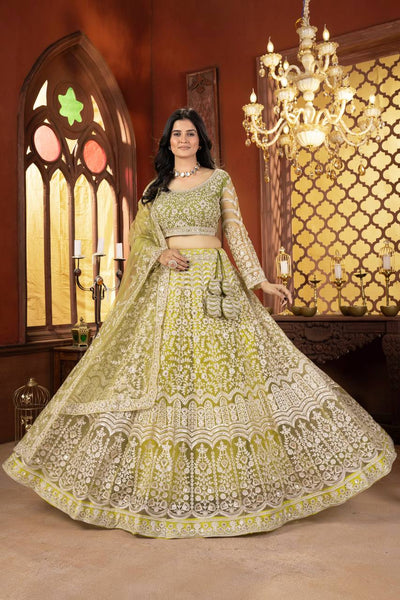 Green Color Net Sequence Lehenga Choli
