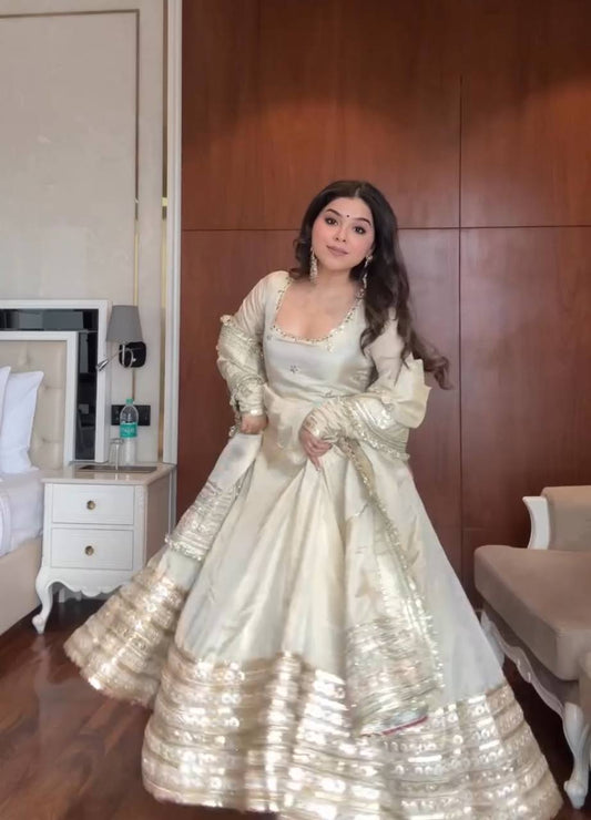 Ville Fashion Women's Off-White Chinon Silk Anarkali Suit with Heavy Sequence Work & Salwar