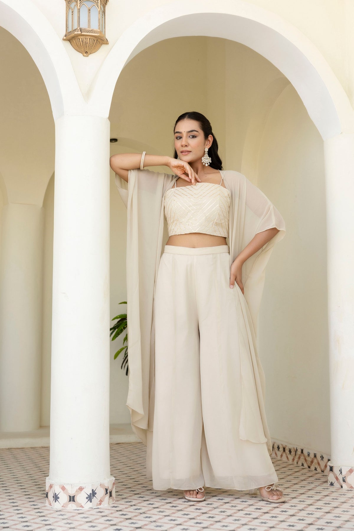 Off White Color Georgette Gotta Patti Plazo Top Shrug