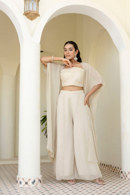 Off White Color Georgette Gotta Patti Plazo Top Shrug