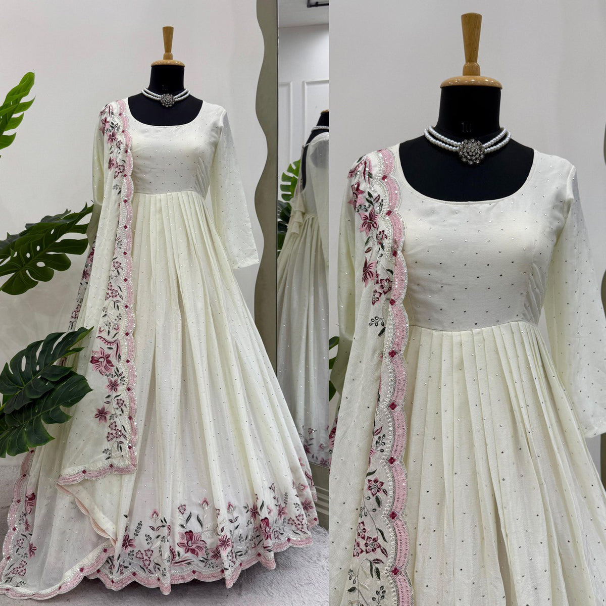 White Color Chinon Silk Top Pent Dupatta