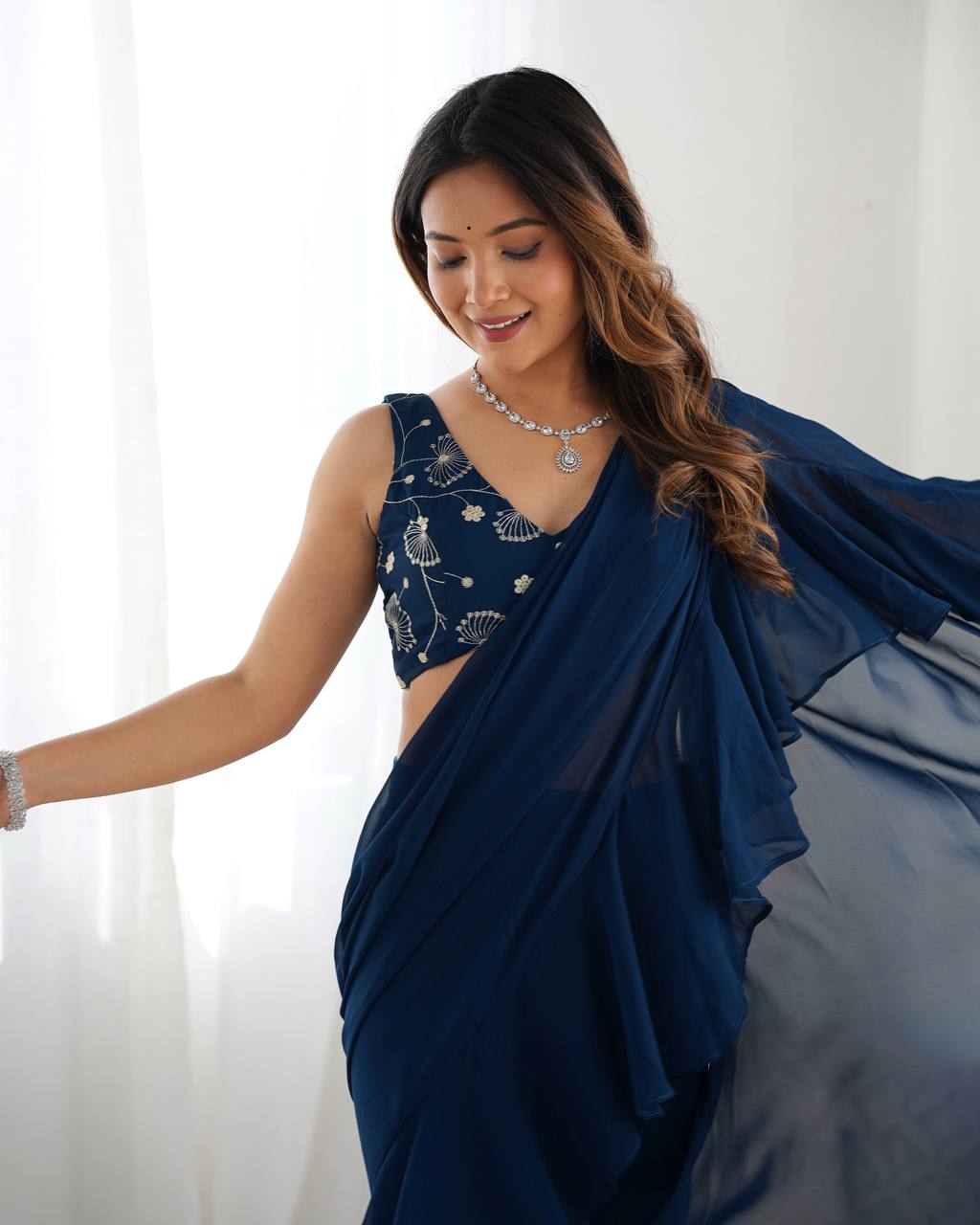 Latest Blue Color Georgette Sharara Saree
