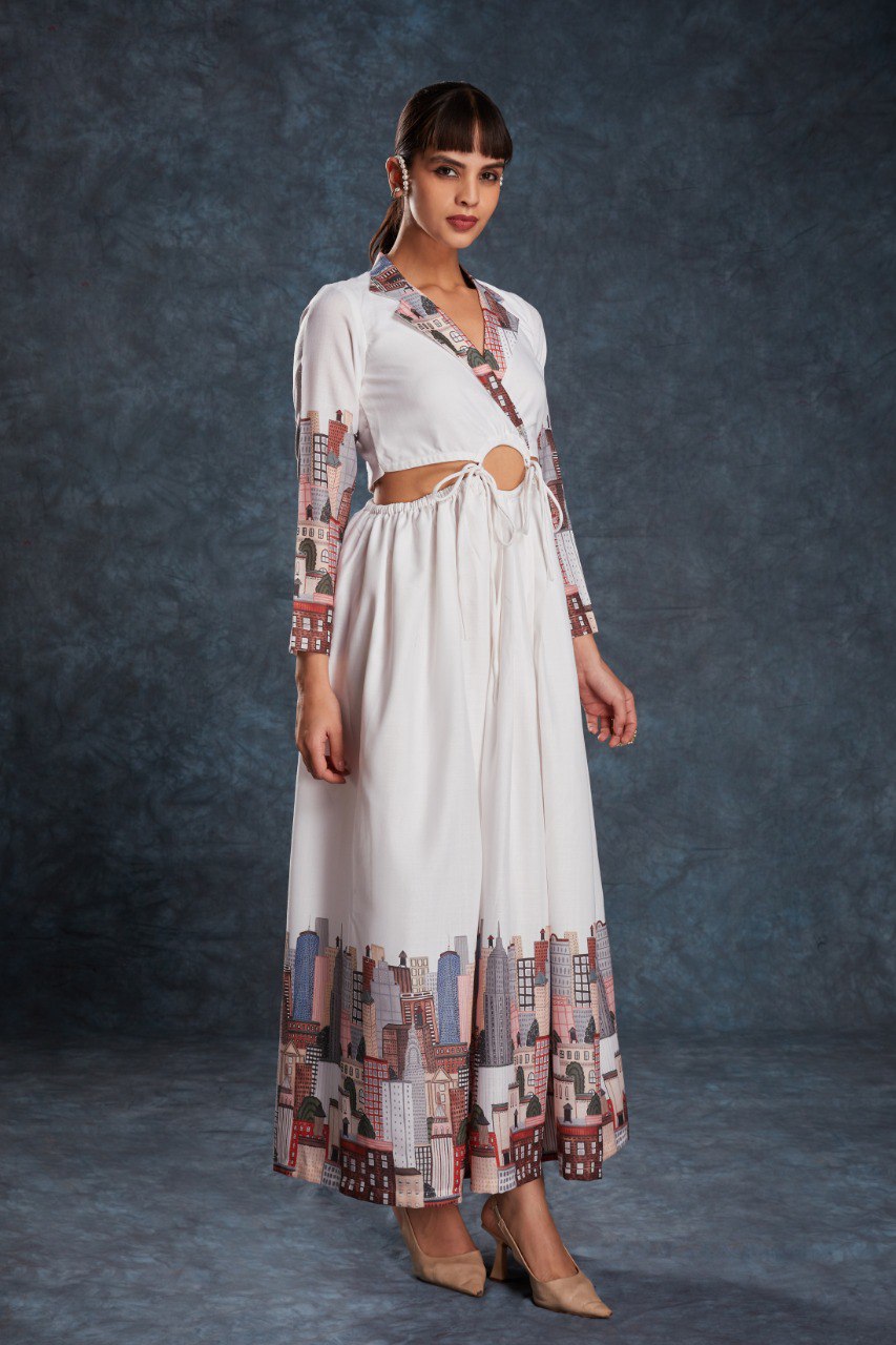 White Color Linen Printed Maxi Gown