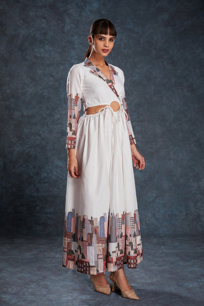 White Color Linen Printed Maxi Gown