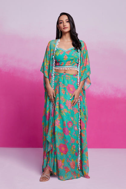 Turquois Color Georgette Printed Co-ord Set