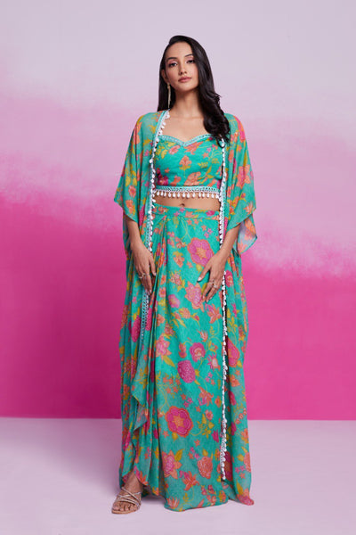 Turquois Color Georgette Printed Co-ord Set