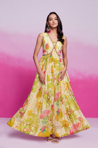 Yellow Color Organza Printed Gown
