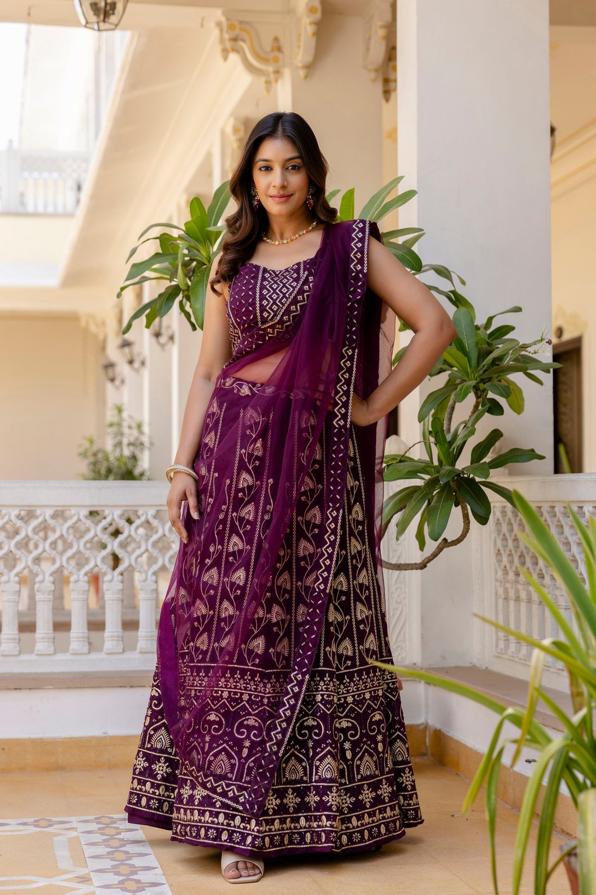 Wine Color Georgette Sequence Lehenga Choli