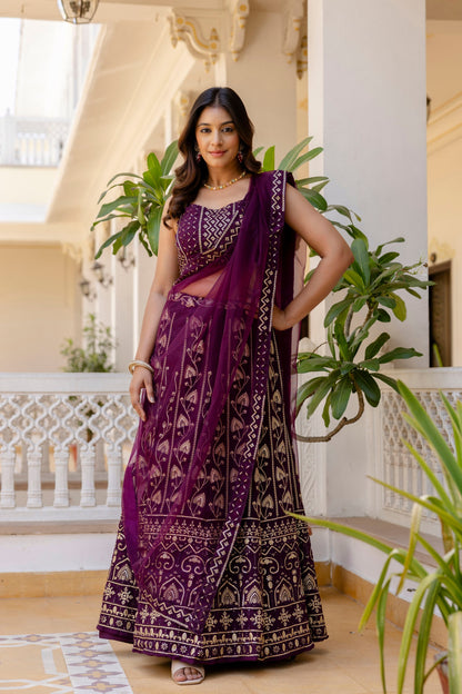 Wine Color Georgette Sequence Lehenga Choli