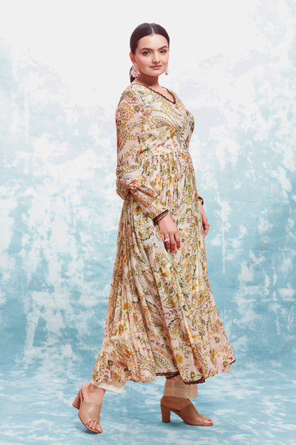 Cream Color Chiffon Digital Printed Anarkali Top Pant Dupatta