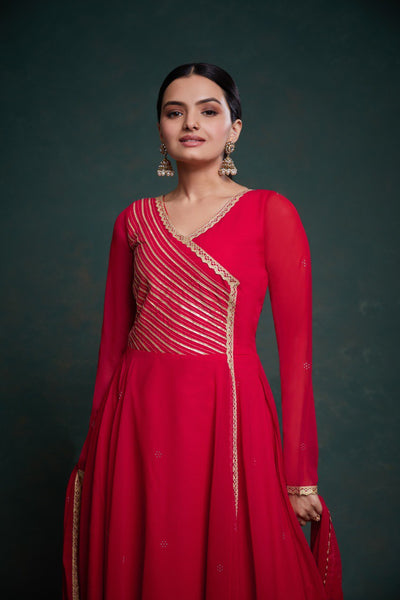 Party Wear Red Color Georgette Gotta Pattii Gown