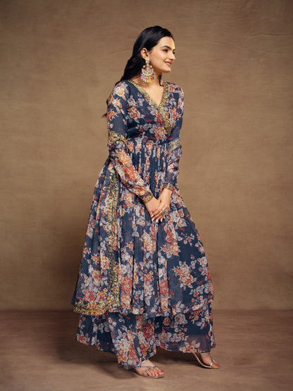 Blue Color Embroidered Chiffon Plazo Suit