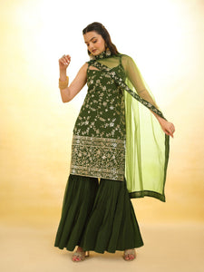 Green Color Embroidered Georgette PLazo Suit