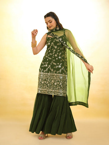 Green Color Embroidered Georgette PLazo Suit