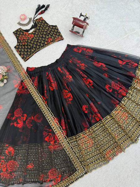 Black Color Organza Printed Sequence Lehenga Choli