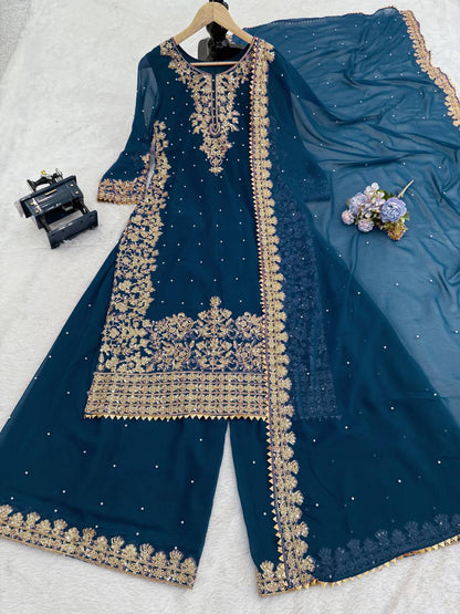 Faux Georgette Dress with Coding & Sequence Work | 3-Piece Plazo Suit