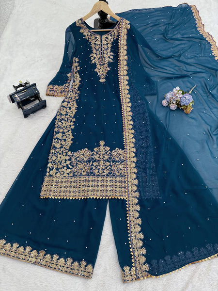 Faux Georgette Dress with Coding & Sequence Work | 3-Piece Plazo Suit