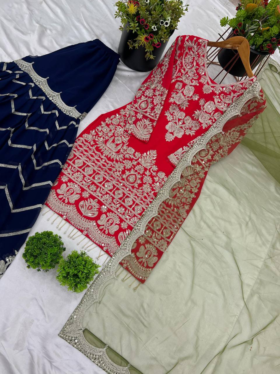 Red Color Georgette Embroidery Plazo Suit