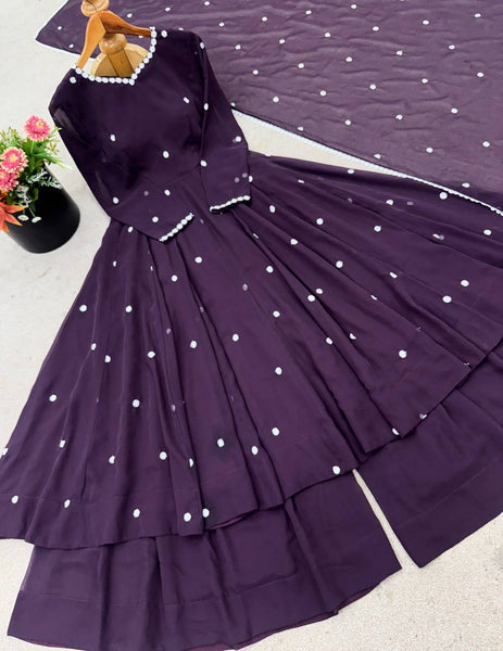 Wine Color Georgette Embroidery Plazo Suit