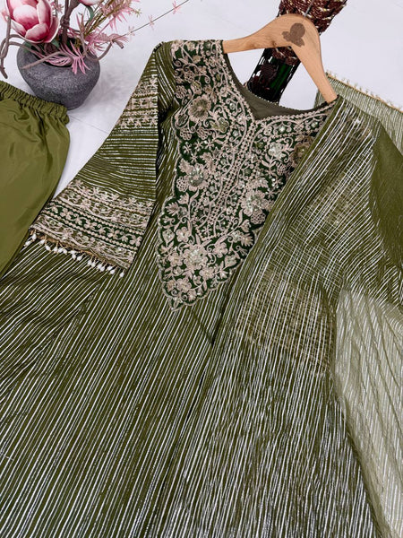 Elegant Olive Green Embroidery Palazzo Suit Set