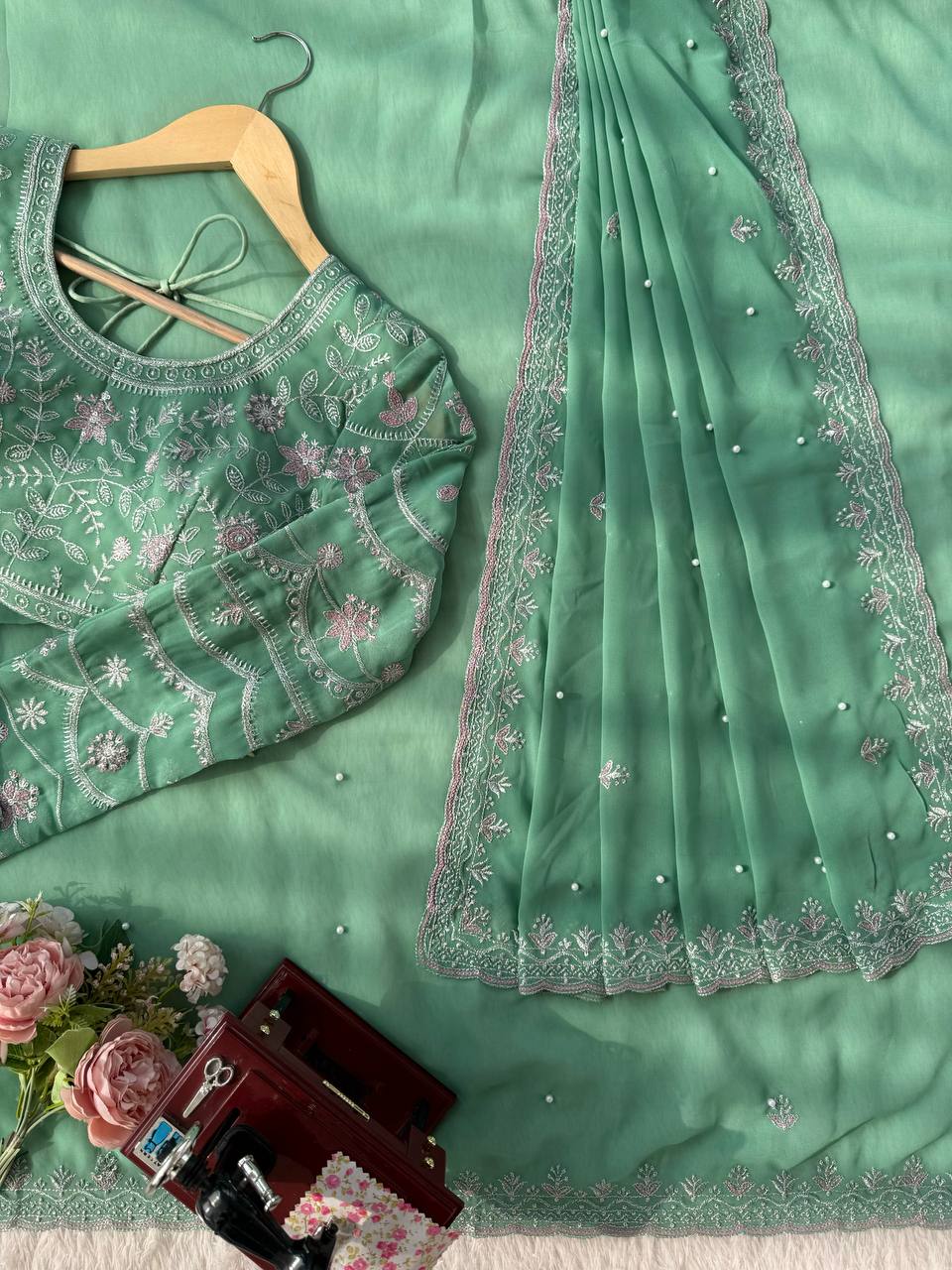 Sea Green Georgette Saree Blouse