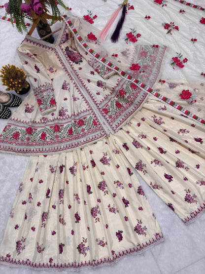 Heavy Natural Crepe Silk Peplum Top with Sharara & Dupatta Set