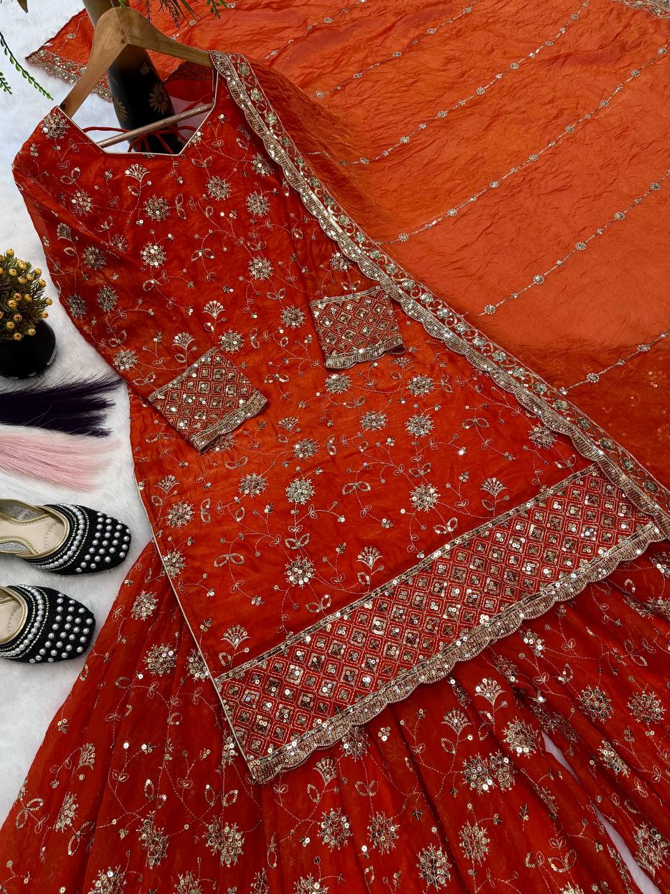 Premium Pure Frendy Silk Embroidered Top Palazzo Dupatta Set