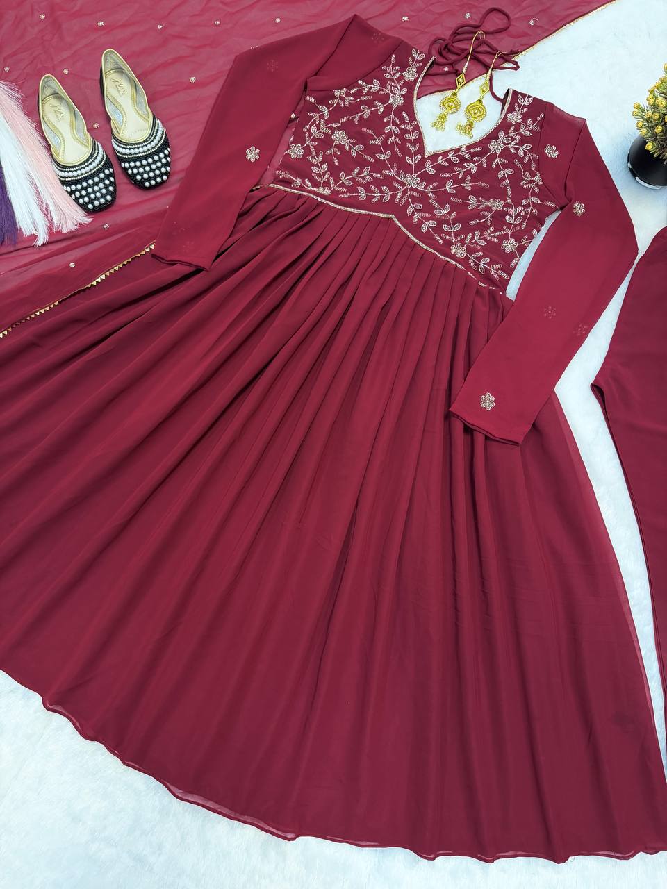 Elegant Faux Georgette Gown Set with Hand-Crafted Beading