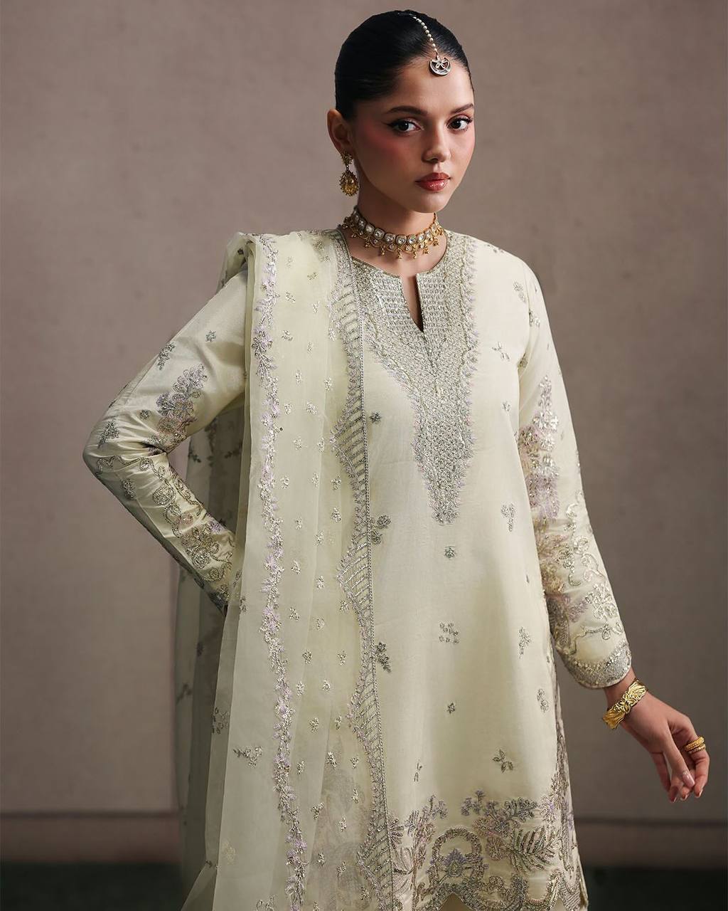 Premium Natural Crepe Silk Sharara Suit with Multi-Needle Sequence Embroidery