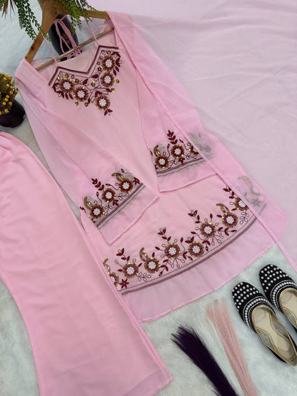 Heavy Faux Georgette Embroidered Peplum Top with Palazzo Set