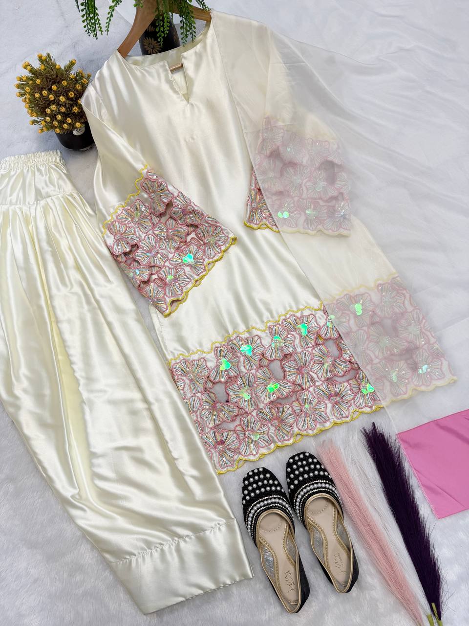 Premium Hand-Embellished Crepe Silk Farshi Suit Set