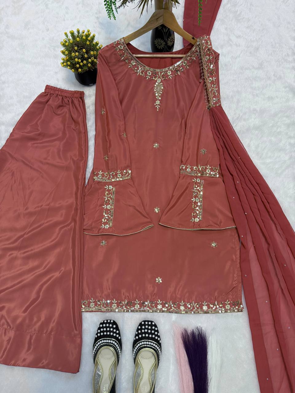 Heavy Natural Crepe Silk Embroidered Sharara Suit Set