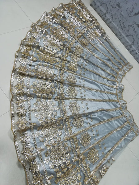 Elegant Gray Net Lehenga Choli with Mirror Jari Embroidery