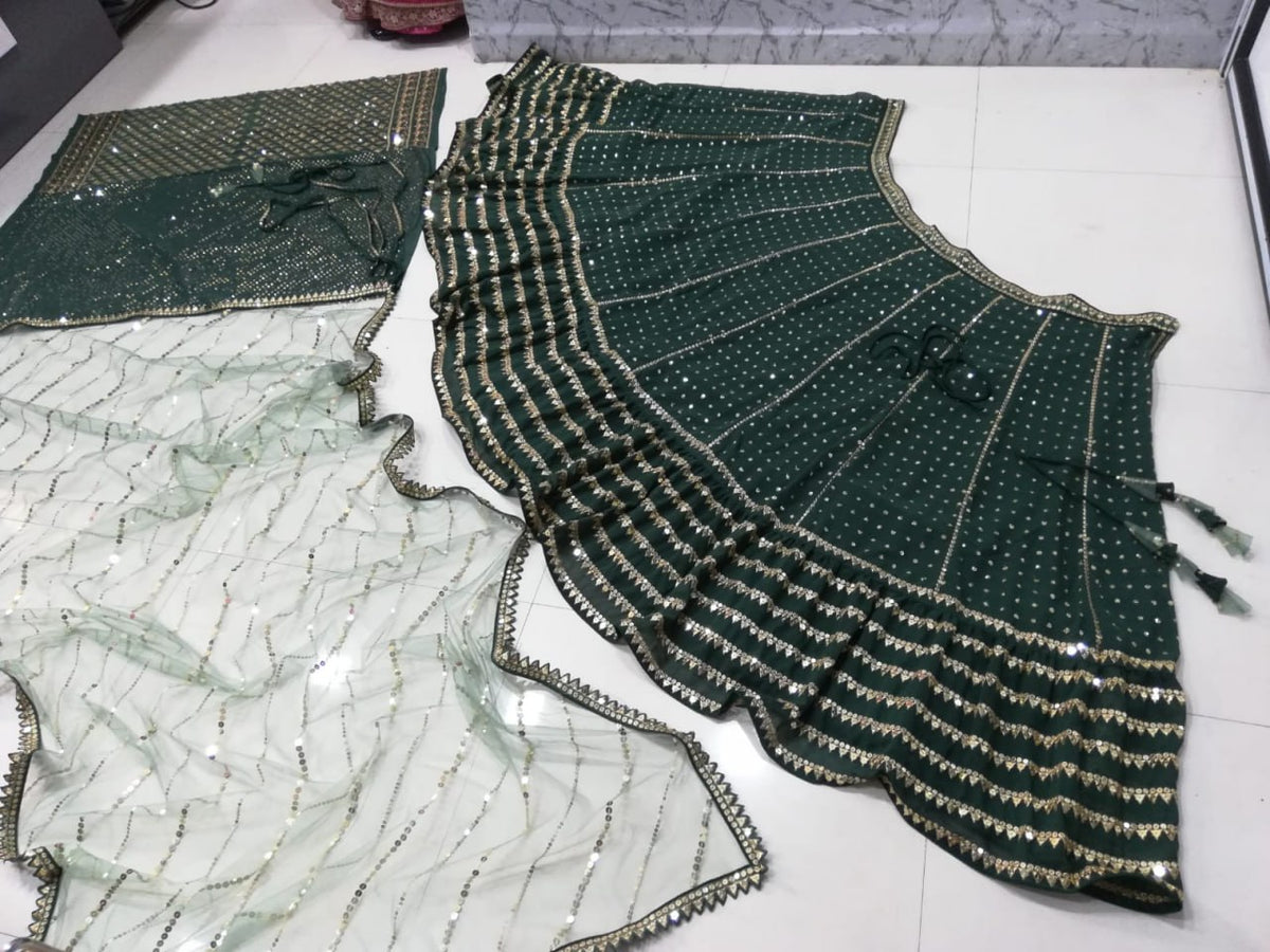 Bottle Green Embroidered Faux Georgette Lehenga Choli Set