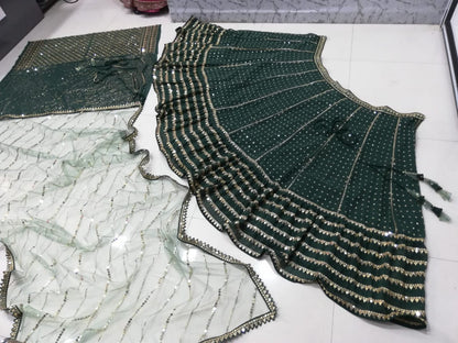 Bottle Green Embroidered Faux Georgette Lehenga Choli Set