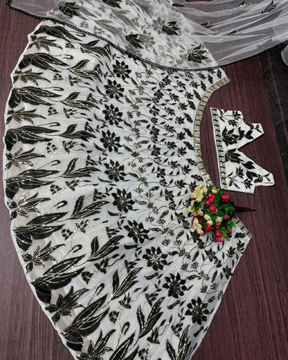Elegant Black Off-White Faux Georgette Lehenga Choli set