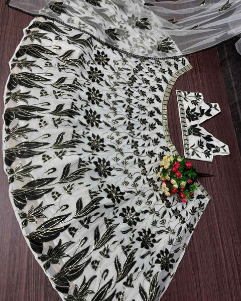 Elegant Black Off-White Faux Georgette Lehenga Choli set
