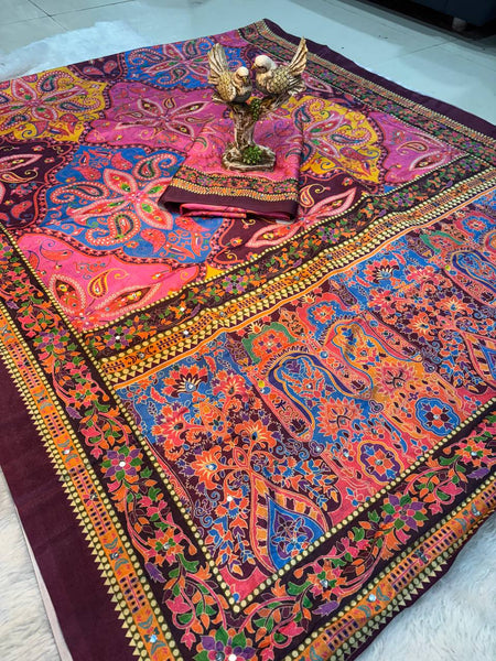 Ajrakh Print Mirror Work Chinnon Saree