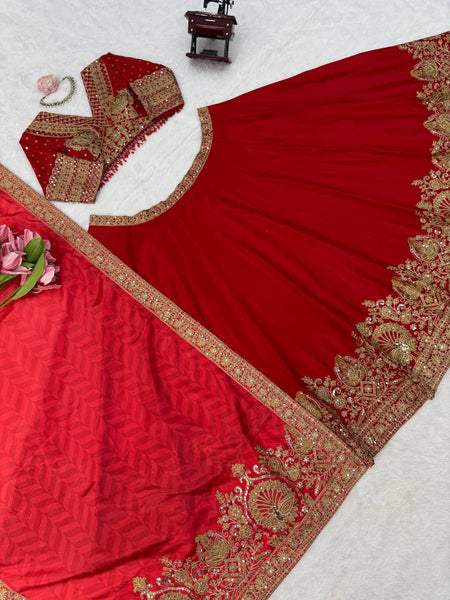 Opulent Red Chinon Silk Lehenga Set with Heavy Coding & Sequins Work