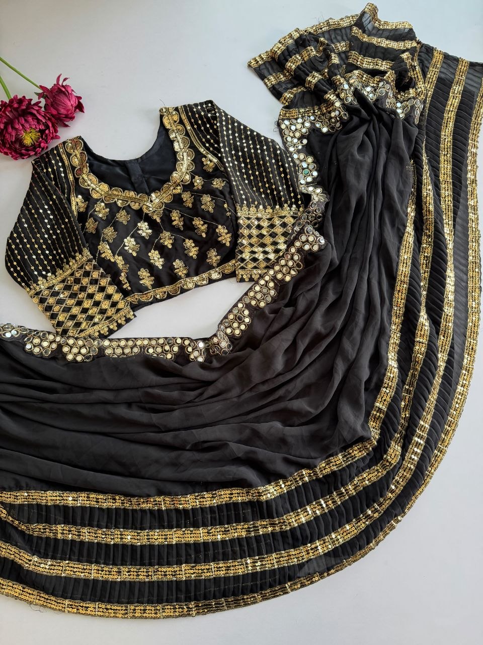 Glamorous Black Crush Pleated Georgette Saree