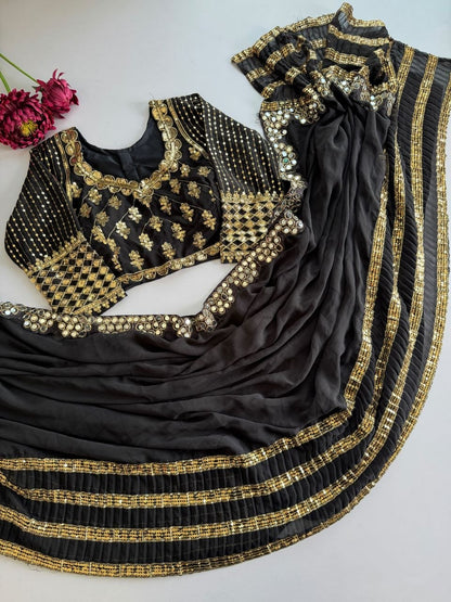 Glamorous Black Crush Pleated Georgette Saree