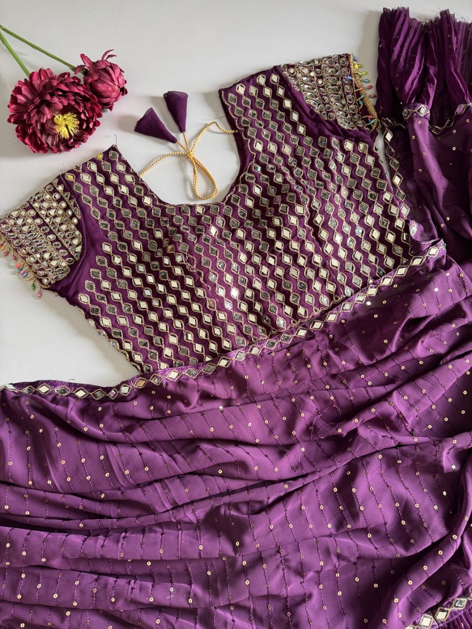Sequins Faux Georgette Saree with Crush Pleats & Stitched Real Mirror Work Blouse