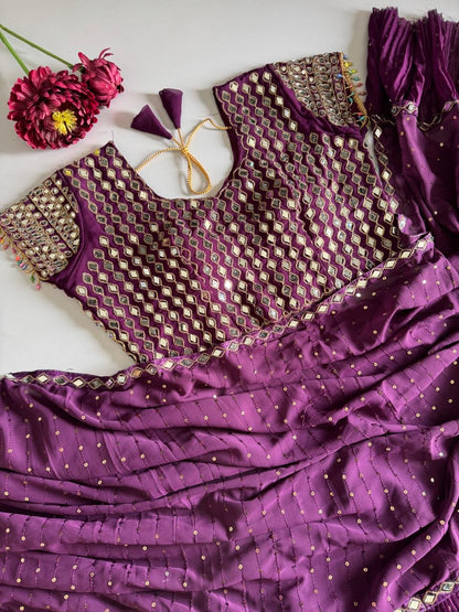 Sequins Faux Georgette Saree with Crush Pleats & Stitched Real Mirror Work Blouse